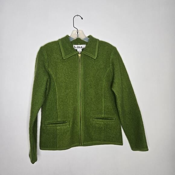 Vintage Boiled Wool Zip Up Jacket Green Holiday Lisa International Women Large - Picture 9 of 11